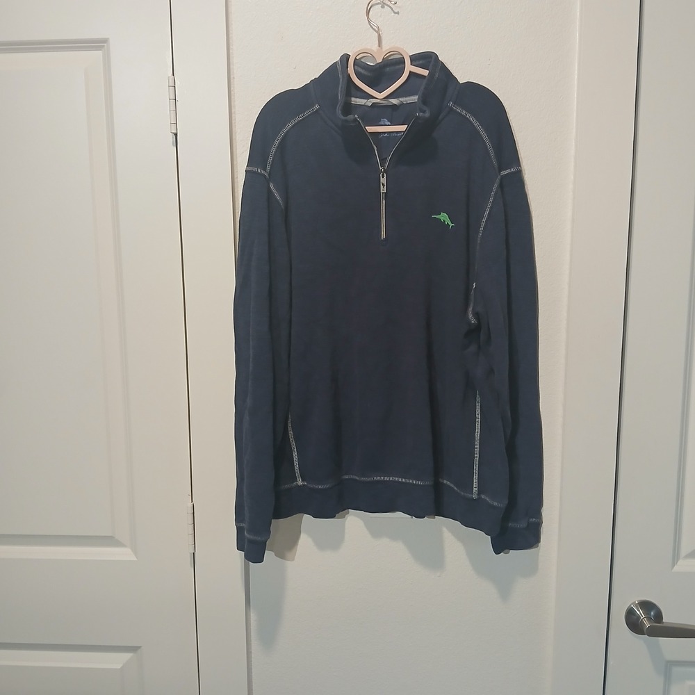 Tommy Bahama Mens XL Flip Side Reversible Quarter Zip Pullover Navy Blue Sweater